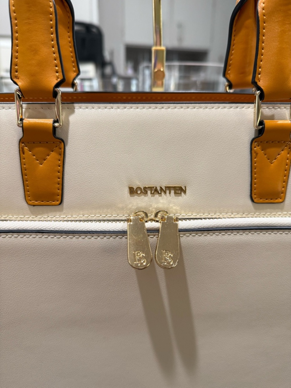 Bostanten Cream & Mustard Two-Tone Briefcase Tote. - Picture 2 of 9